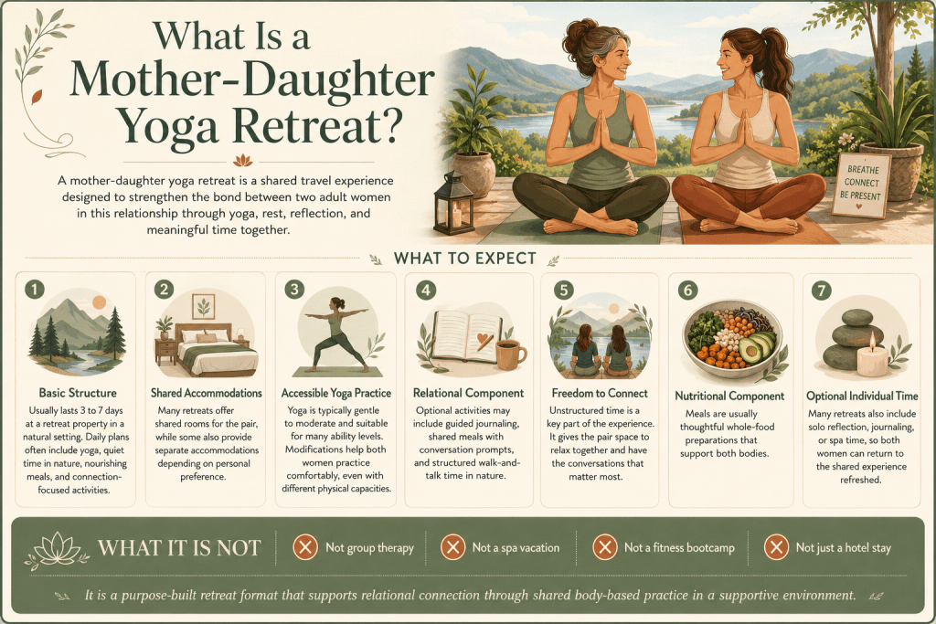 Mother and daughter enjoying a yoga retreat.