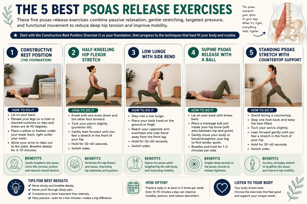 Five psoas release exercises for hip mobility.