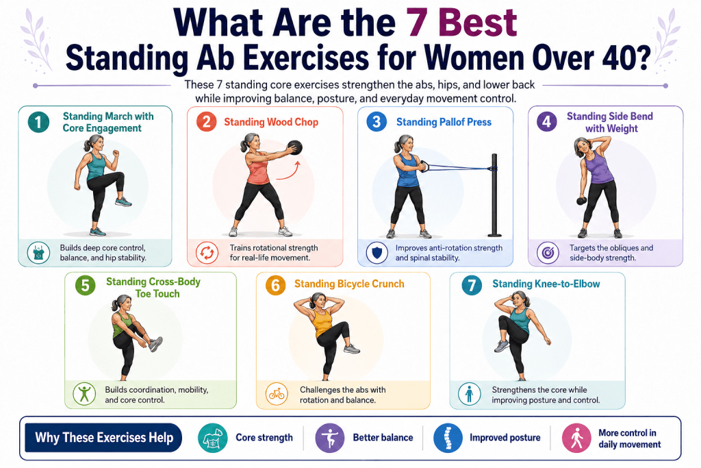 Infographic showing 7 best standing ab exercises