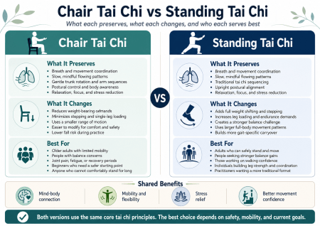 Chair Tai Chi vs Standing Tai Chi comparison infographic