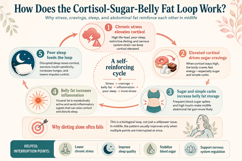 Cortisol, sugar cravings, belly fat, and sleep cycle infographic.