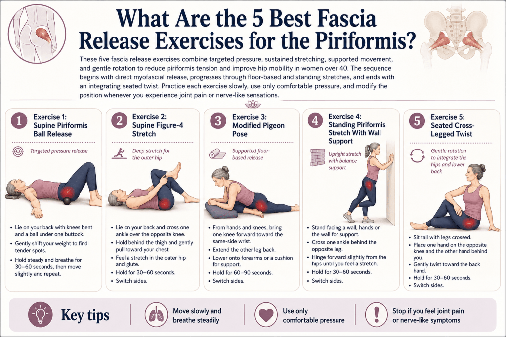 Five piriformis fascia release exercises for women over 40.