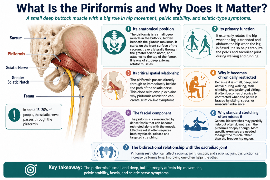 Piriformis muscle anatomy and function infographic.