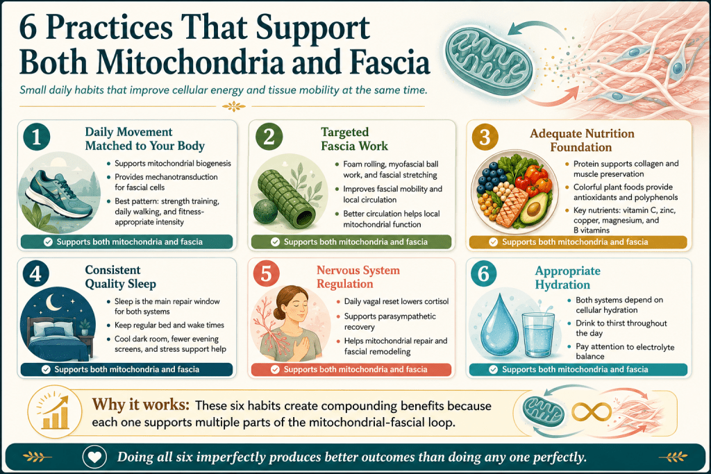 Six practices that support mitochondria and fascia.