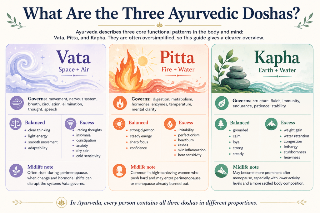 Three Ayurvedic doshas: Vata, Pitta, and Kapha.