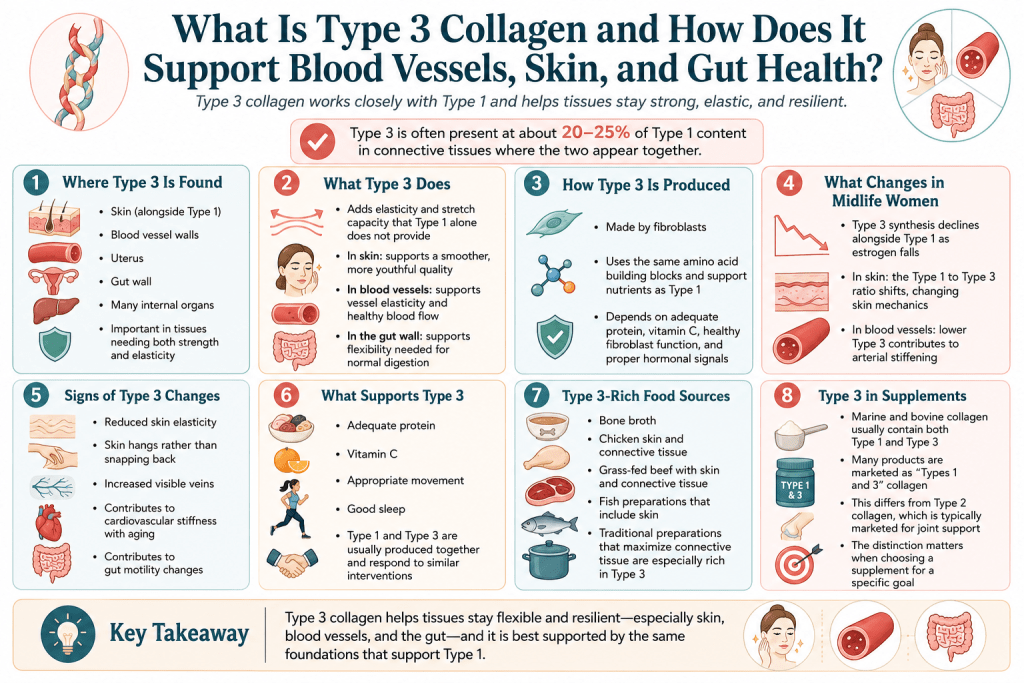 Type 3 collagen benefits for skin, blood vessels, and gut.