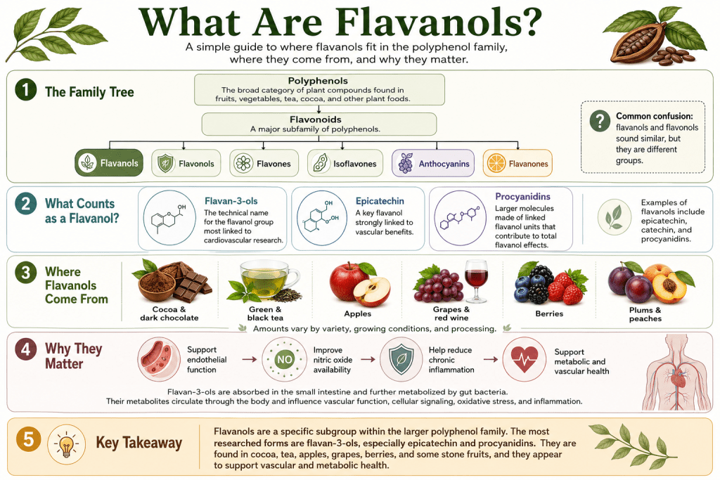 Flavanol types, food sources, and health benefits.