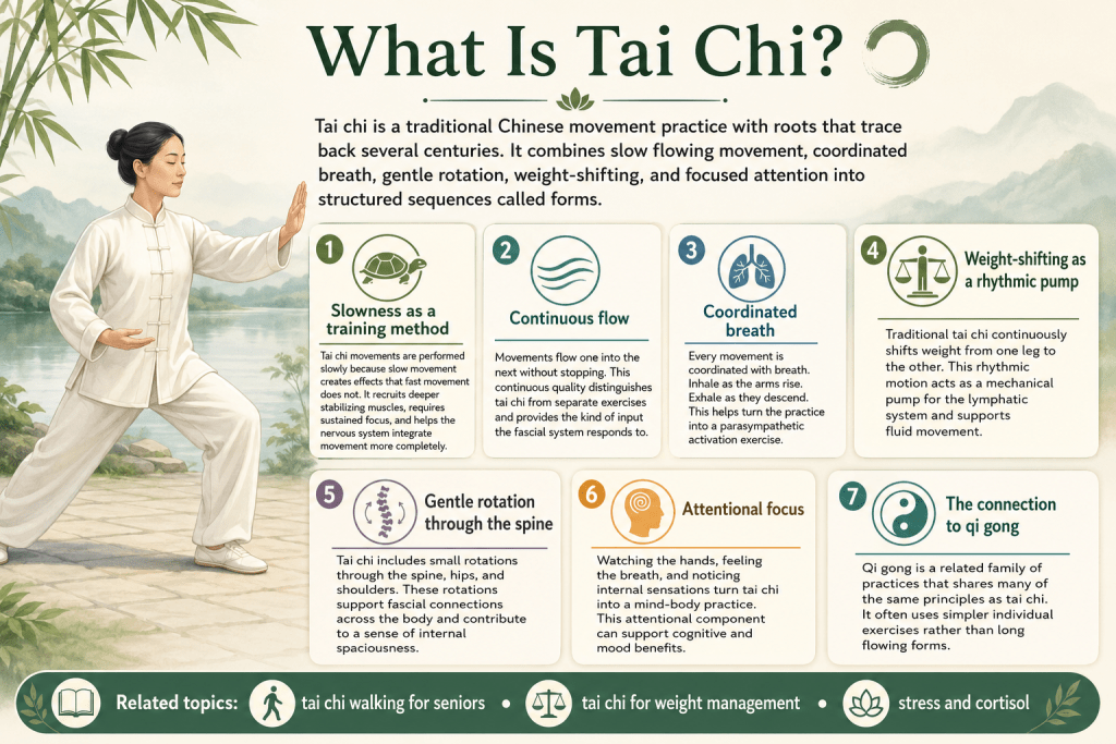 Woman practicing tai chi with seven core principles.