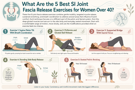 Five SI joint fascia release exercises for women over 40.