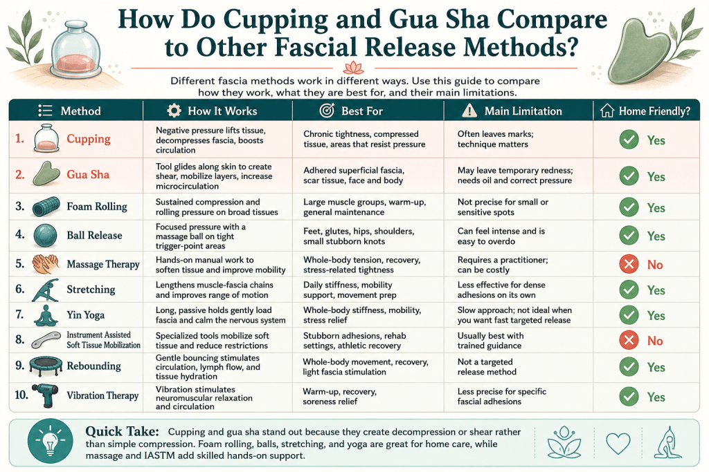 Cupping and gua sha compared with fascial release methods.