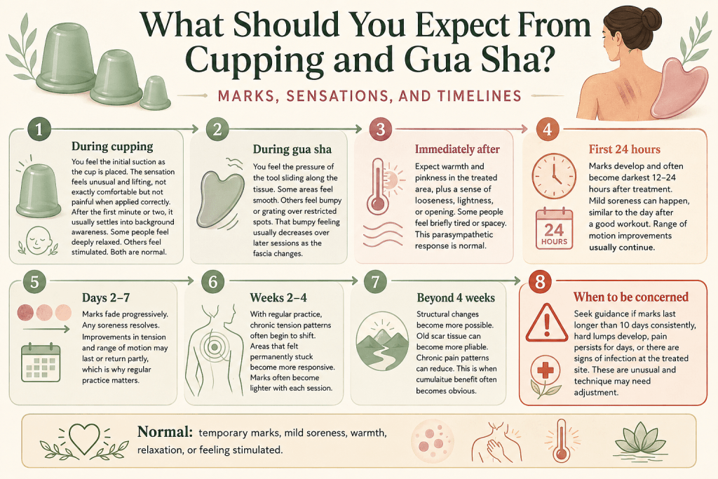 Cupping and gua sha marks and recovery timeline infographic.
