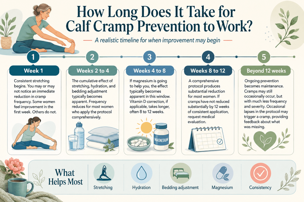 Calf cramp prevention timeline from week 1 to 12 weeks.