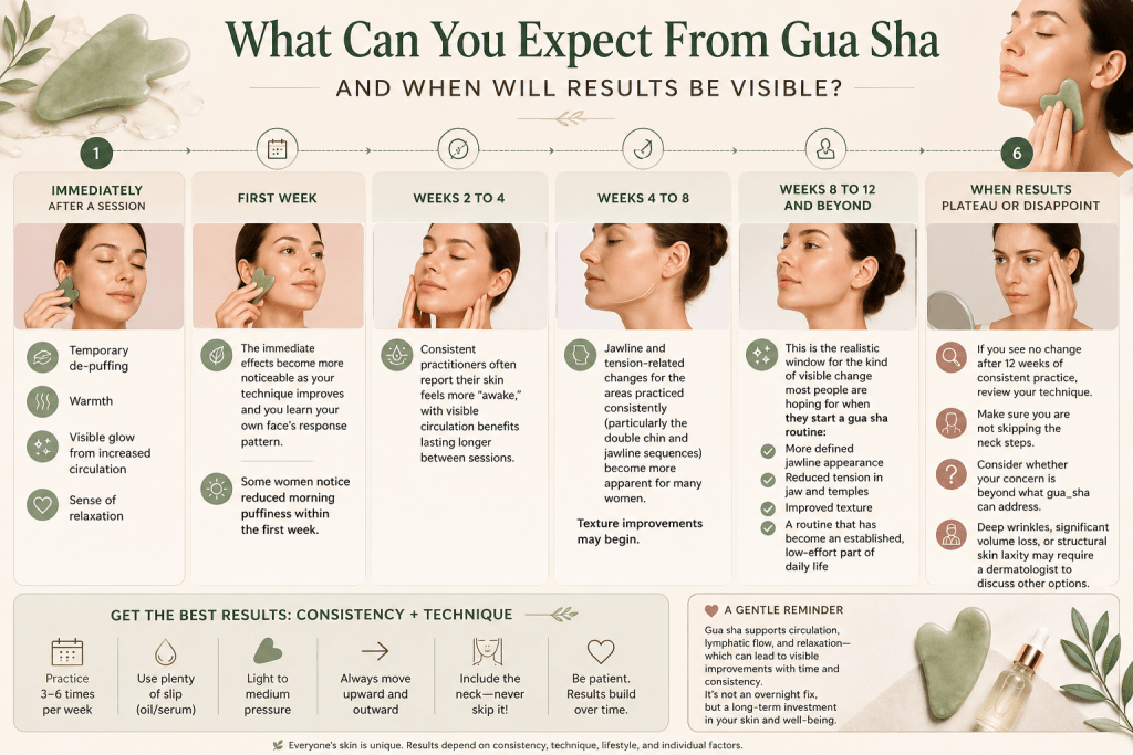 Gua sha results timeline from immediate glow to 12 weeks.