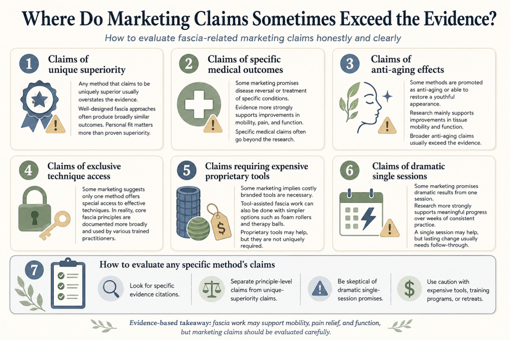 Marketing claims versus fascia evidence infographic.