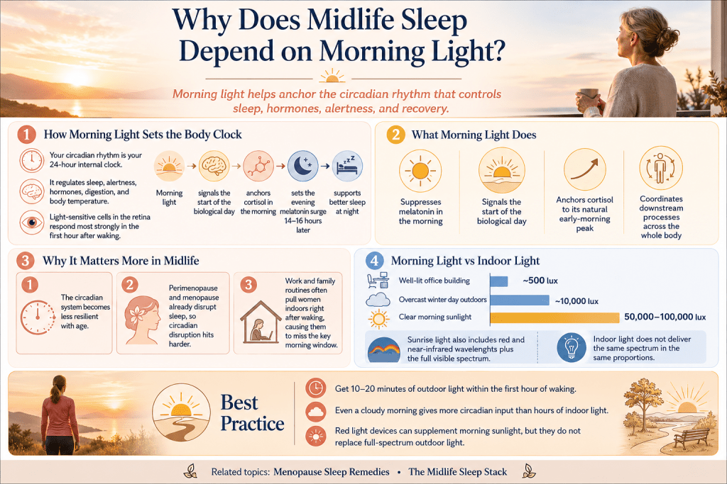 Morning light and midlife sleep infographic.