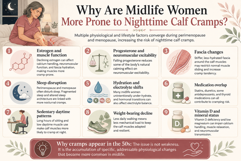 Midlife woman experiencing nighttime calf cramps infographic