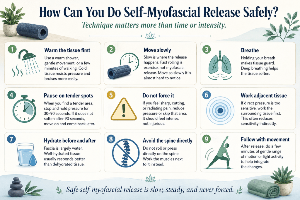 Self-myofascial release safety tips infographic.
