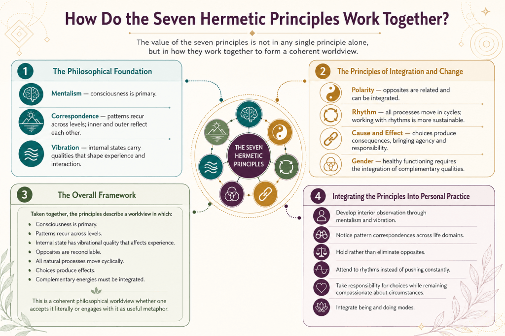 Seven Hermetic principles working together infographic.