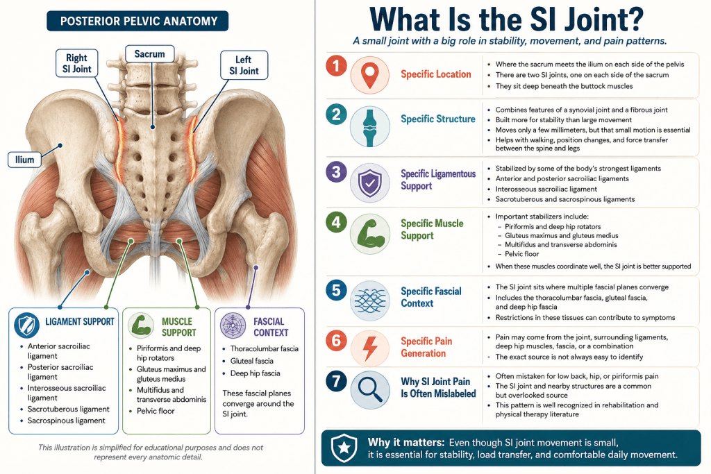 SI joint anatomy and support structures infographic