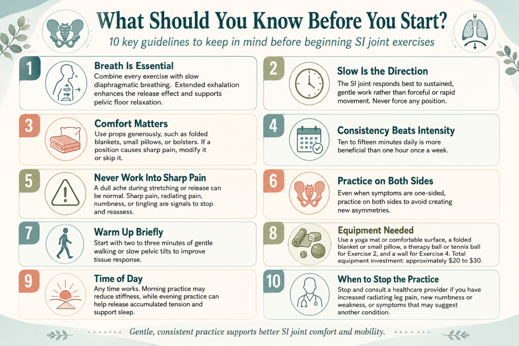 SI joint exercise safety and preparation tips.