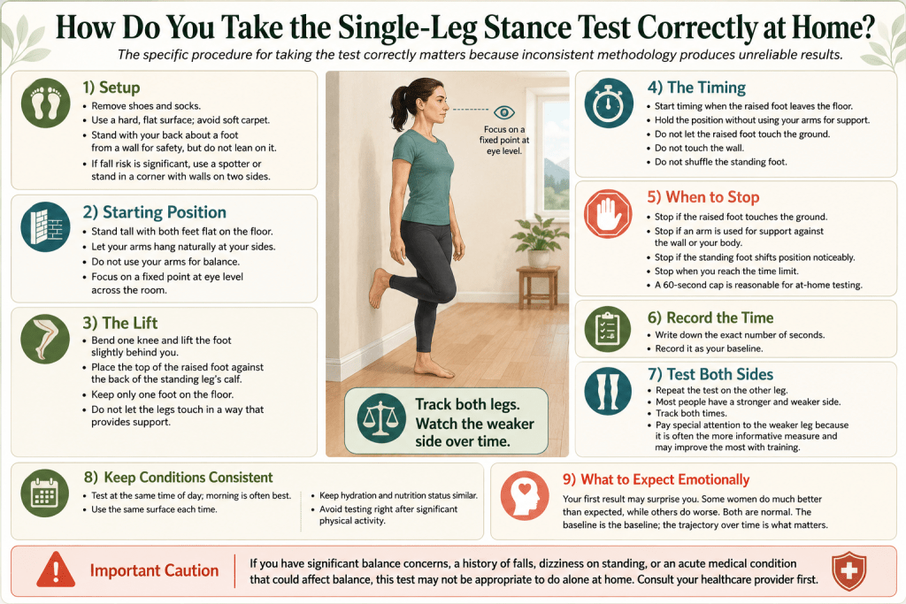 Woman performing a single-leg stance test at home.