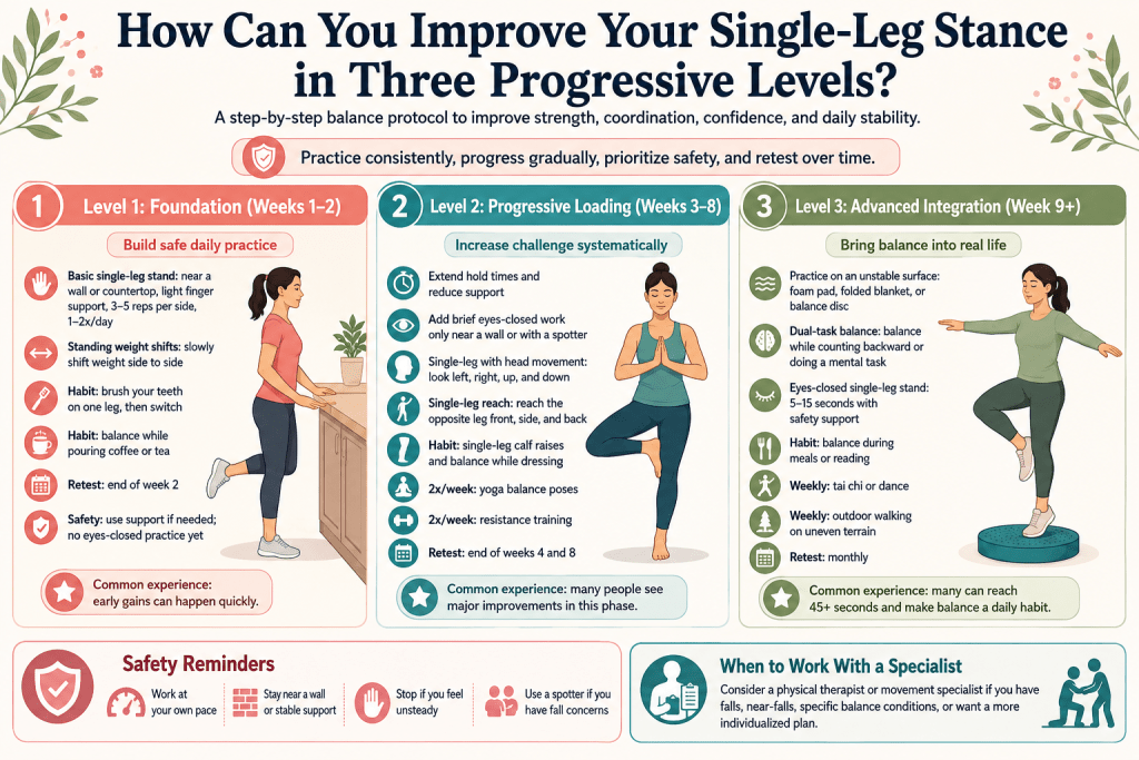Three-level single-leg stance training guide.