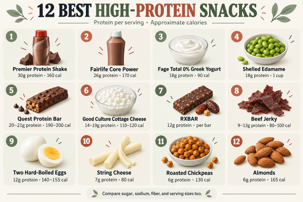 Infographic comparing protein in 12 popular snacks.