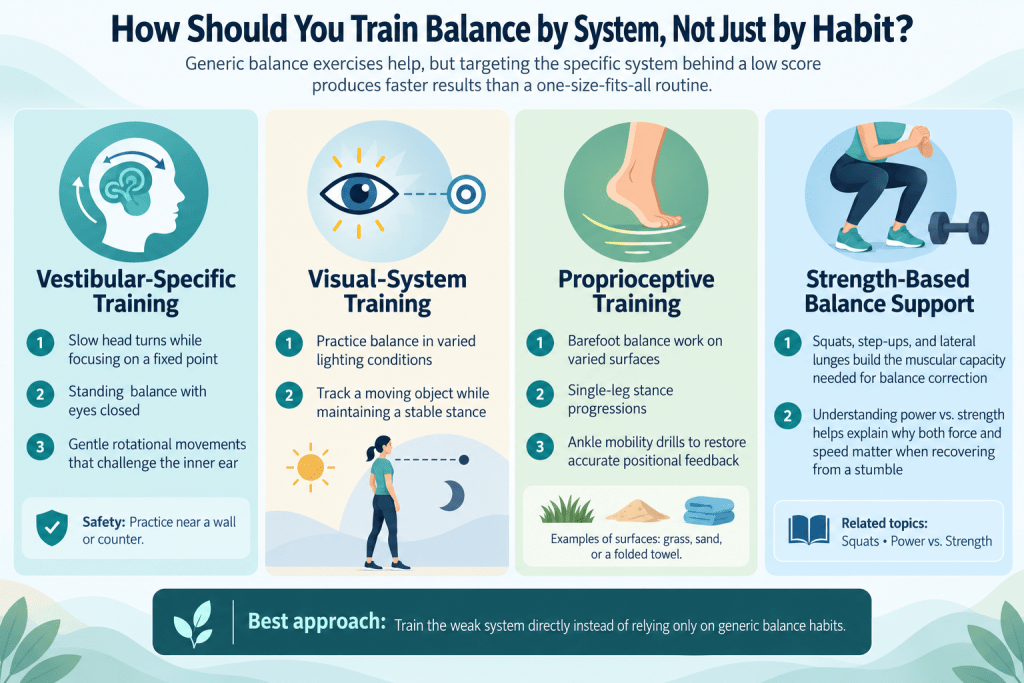 Balance training by vestibular, visual, proprioceptive, and strength systems