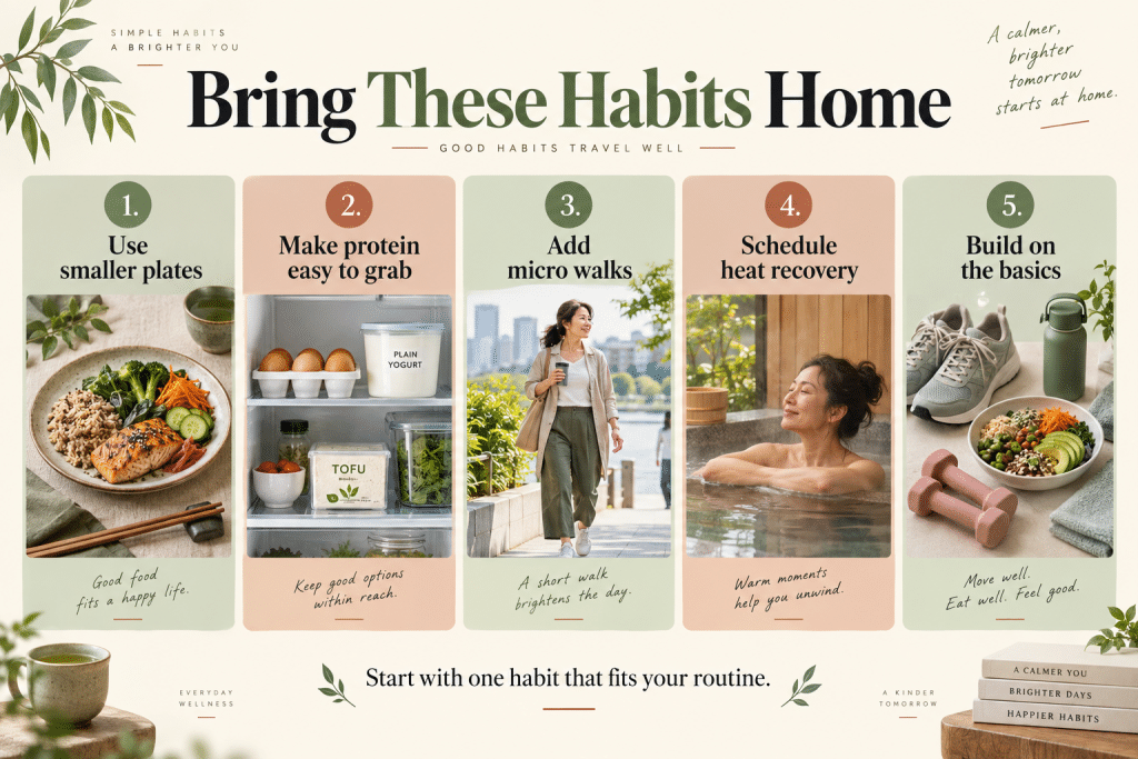 Five everyday habits for food, movement, and recovery.