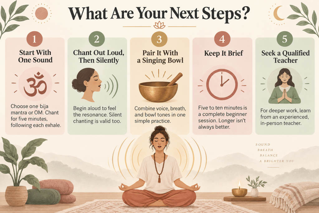Chakra chanting next steps infographic.