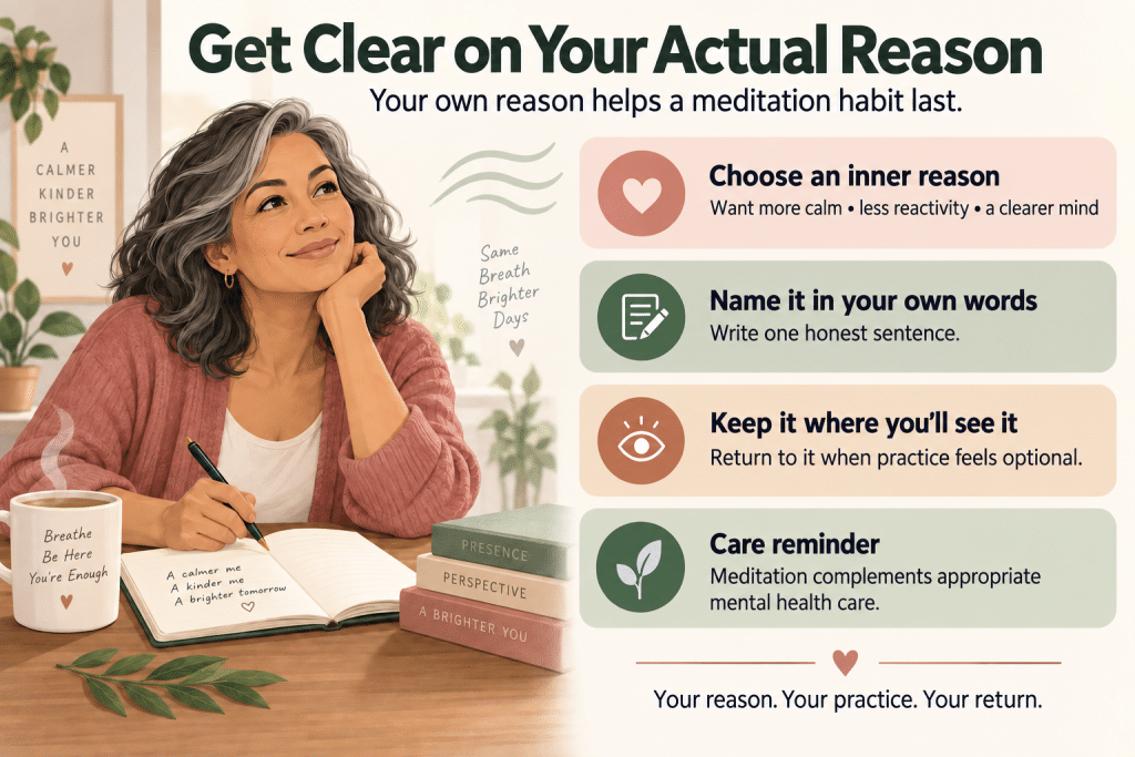 Woman journaling her reasons for a lasting meditation habit.