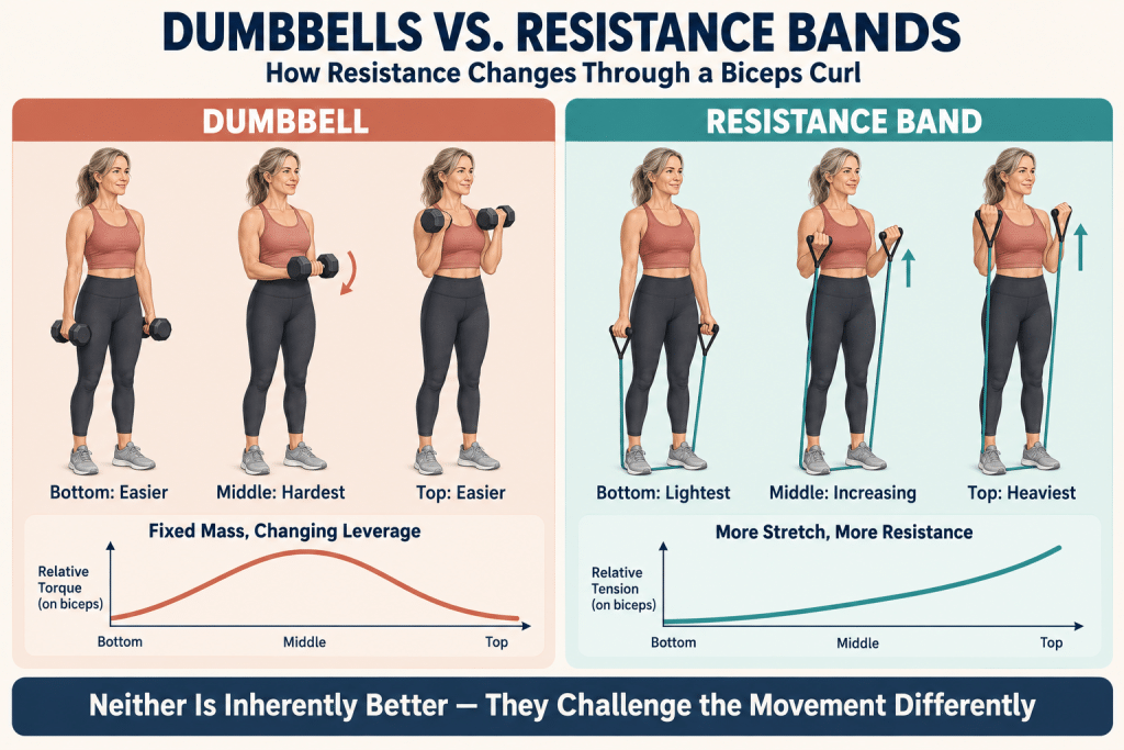 Dumbbell and resistance band curl mechanics.