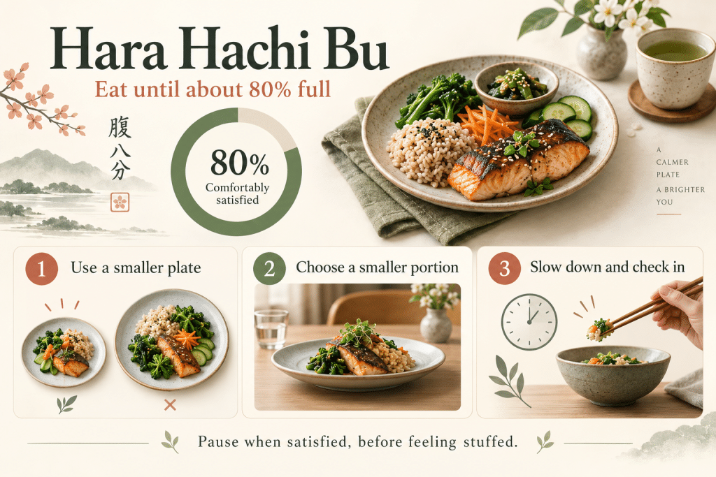 Hara hachi bu infographic showing three ways to stop eating when comfortably full.
