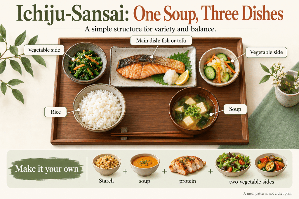 Ichiju-sansai meal with rice, soup, protein, and two vegetable sides.
