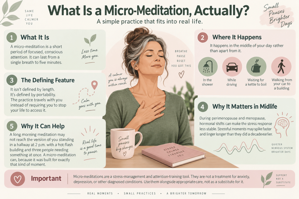 Midlife woman practicing a micro-meditation.