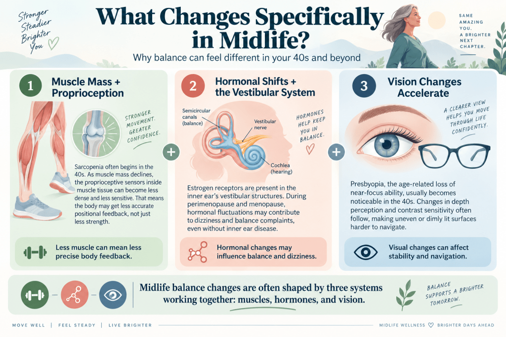 Midlife changes affecting balance through muscles, hormones, and vision.