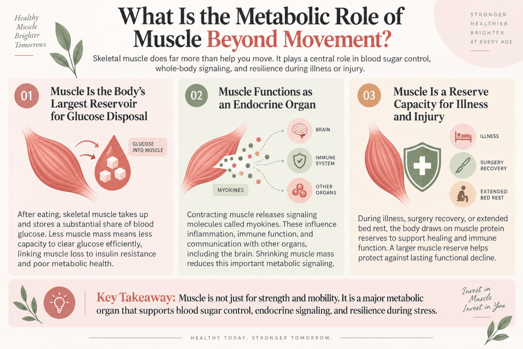 Muscle metabolic role infographic showing glucose, myokines, and recovery.