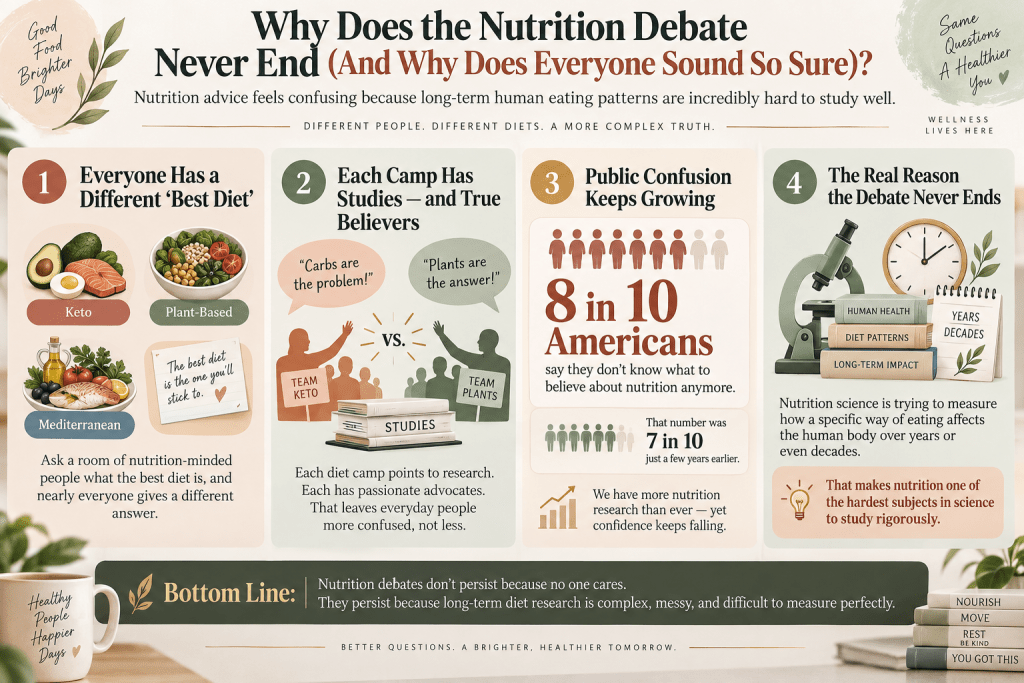 Nutrition debate and diet research infographic
