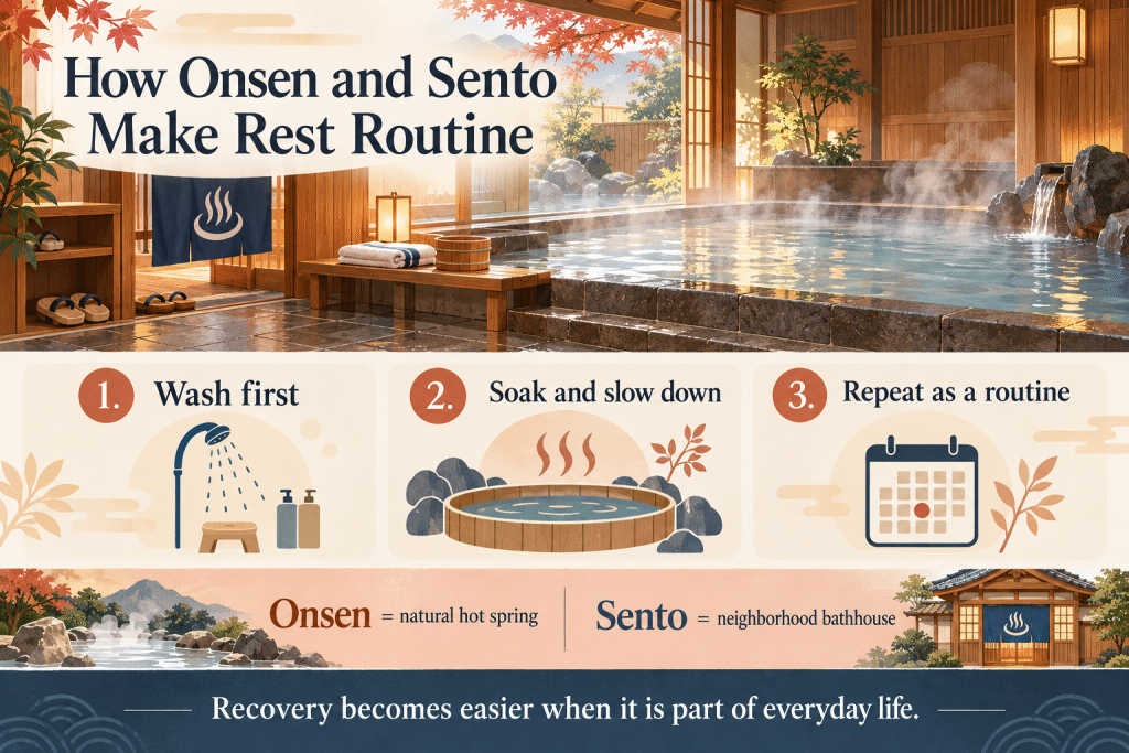 Infographic showing how onsen and sento make rest a routine.