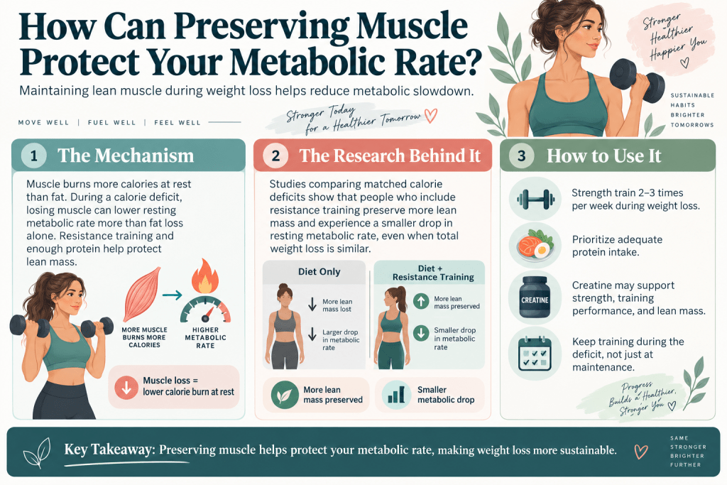 Preserving muscle helps protect metabolic rate during weight loss.