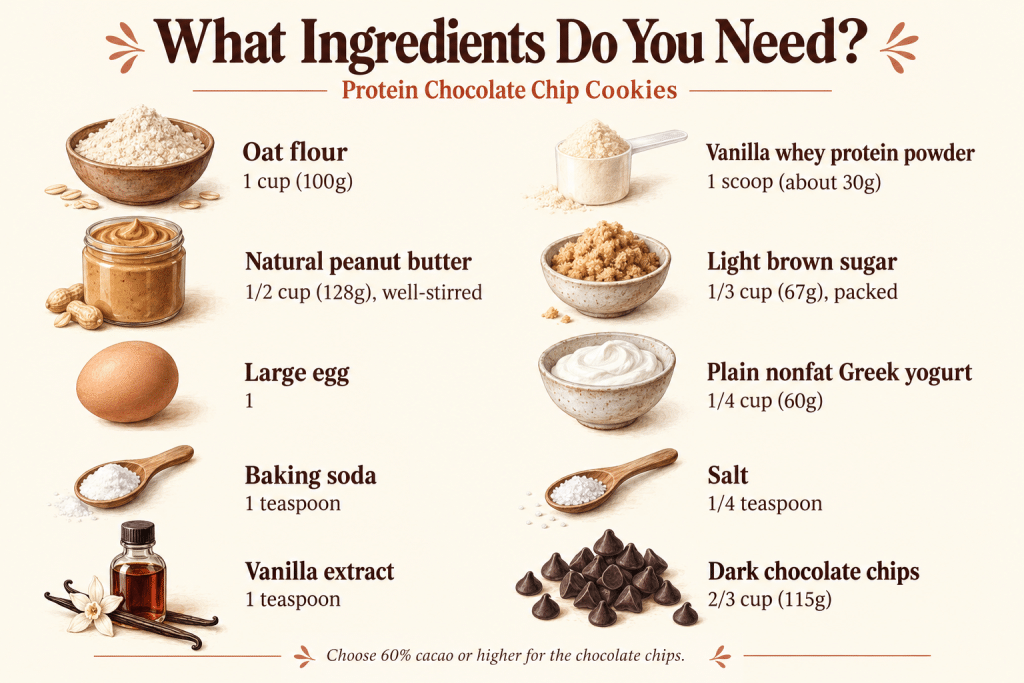Ingredients and measurements for protein chocolate chip cookies.