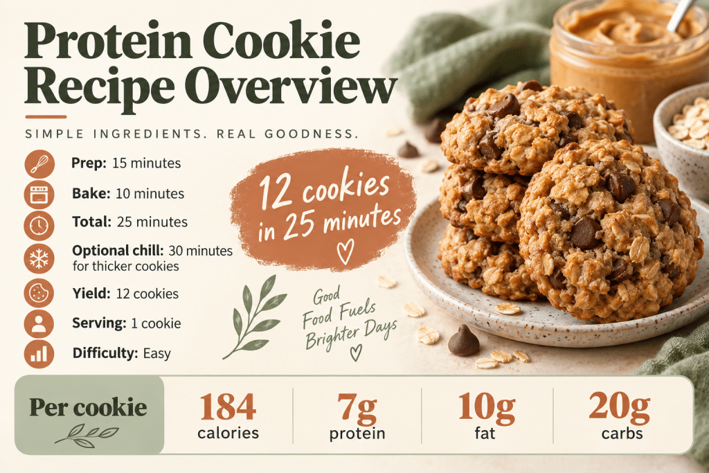Protein cookie recipe timing and nutrition per cookie.