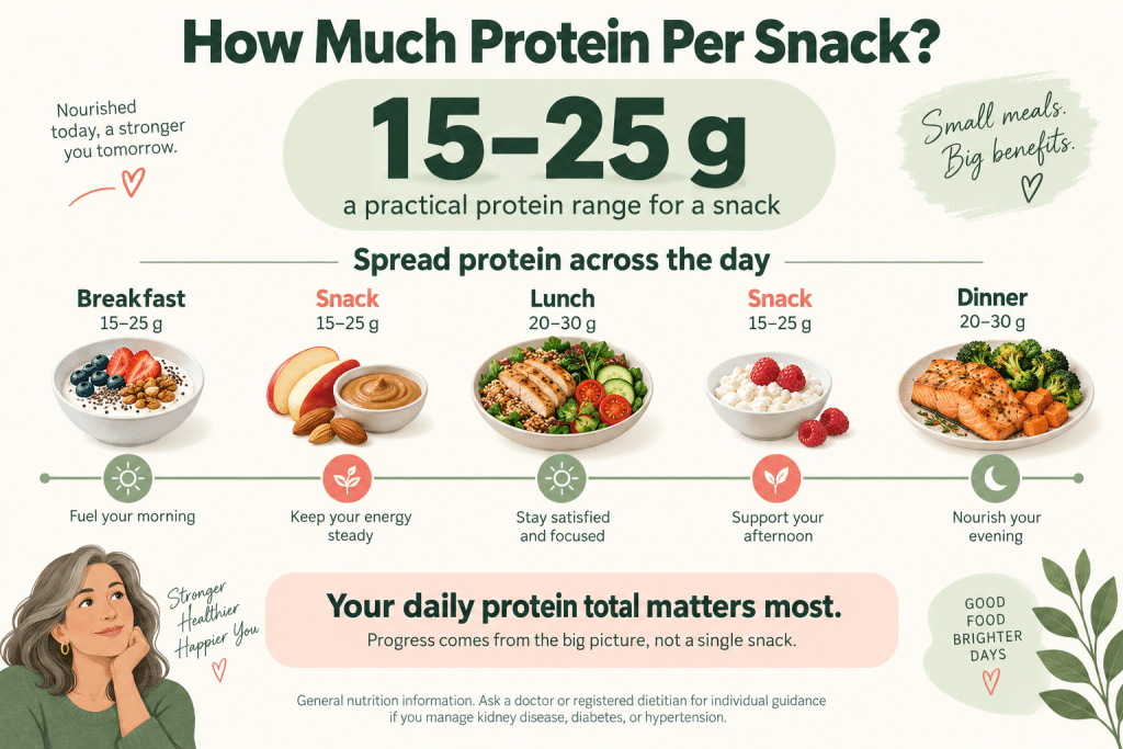 Infographic showing a 15–25 g protein snack range and protein spread across the day.
