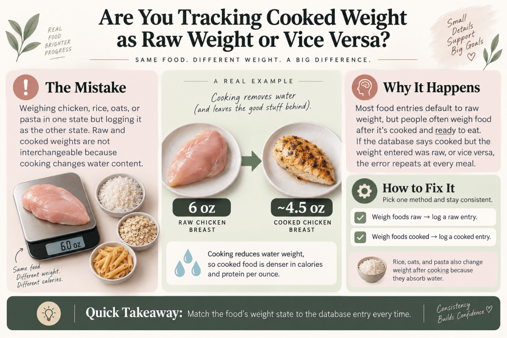 Raw vs cooked food weight tracking infographic