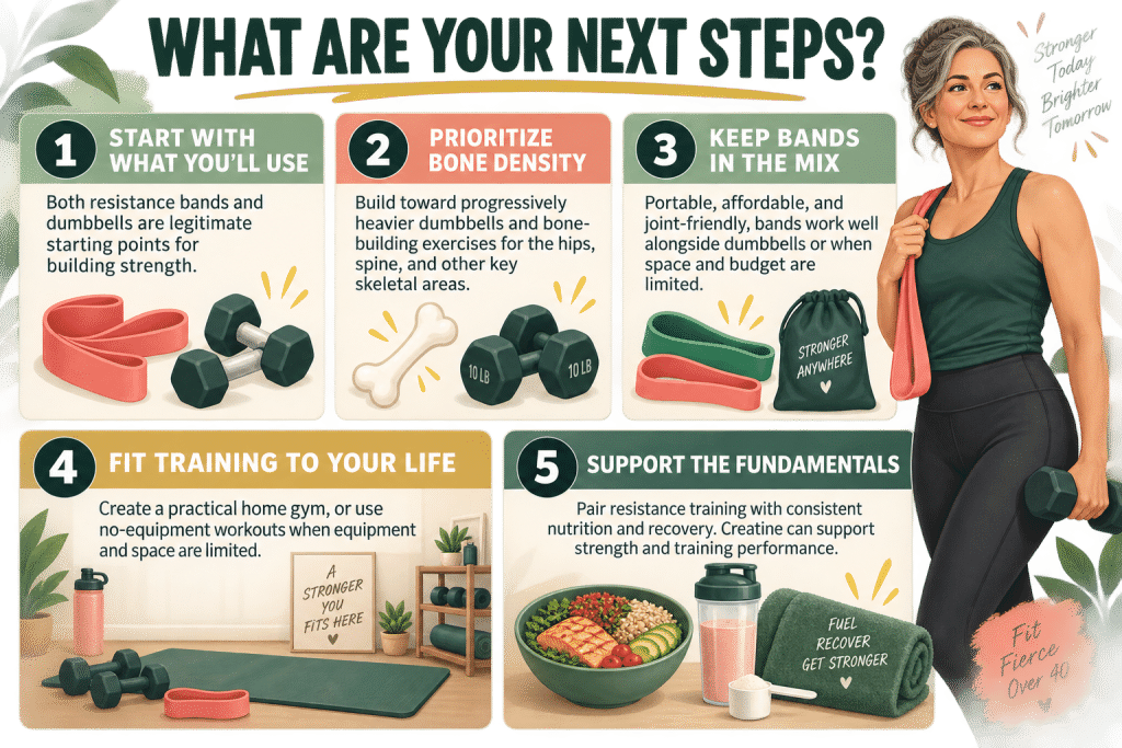 Next steps for strength training with bands and dumbbells.