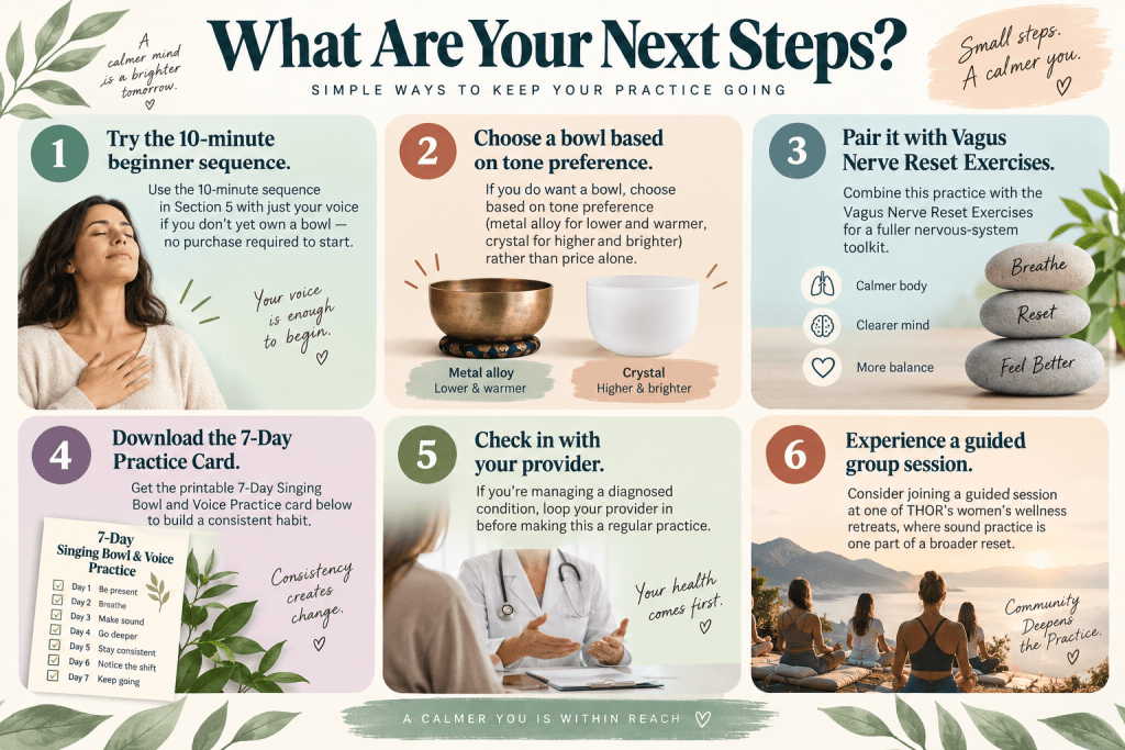 Singing bowl and voice practice next steps infographic.