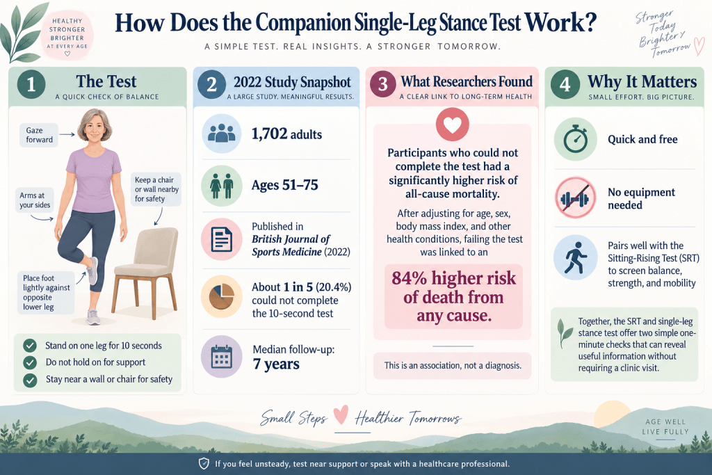 Single-leg stance test infographic for balance and health.