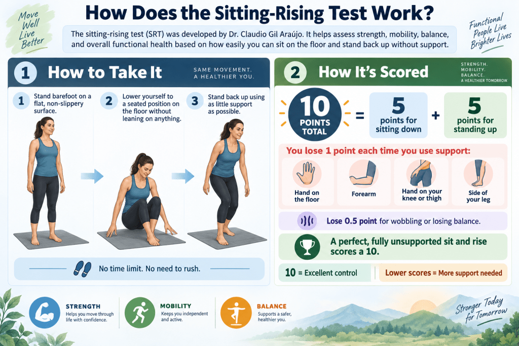 Sitting-rising test steps and scoring guide.