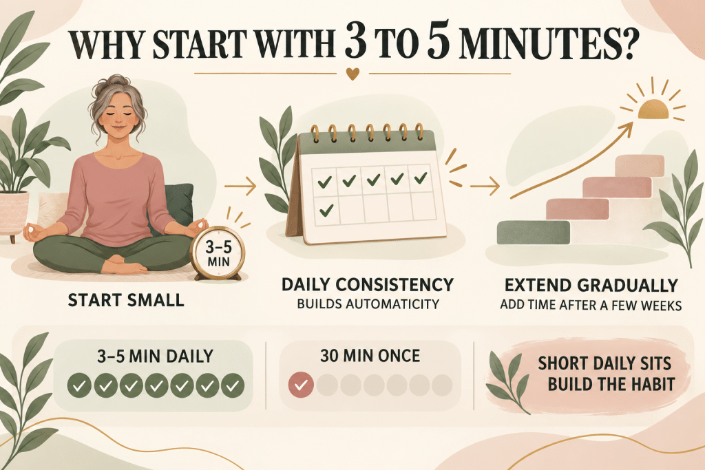 Start meditation with 3 to 5 minutes daily.