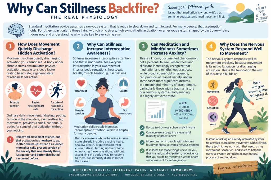 Why stillness can increase anxiety and how movement helps regulate the nervous system.